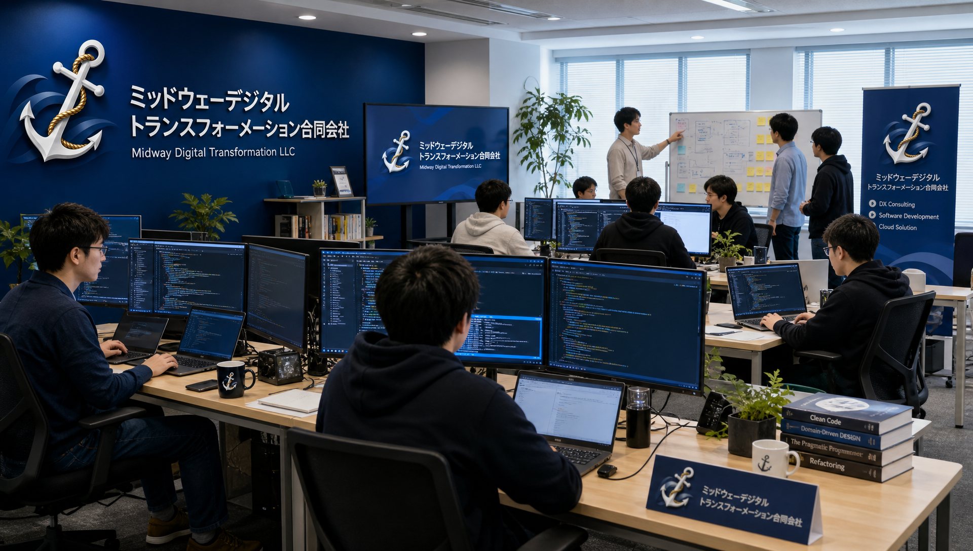 ミッドウェーデジタルトランスフォーメーション合同会社の開発拠点。エンジニアがソフトウェア開発を行っている様子